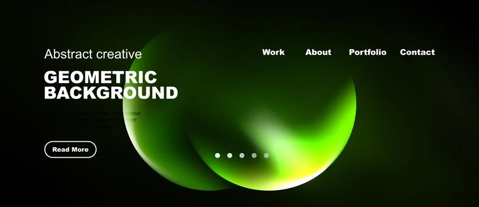 Dark website design features vibrant green abstract shapes, text elements, Stock Illustration