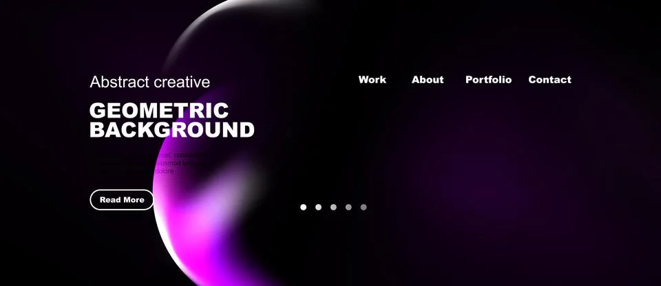 Dark website design features vibrant purple splash. Minimalist layout include Illustrazione stock