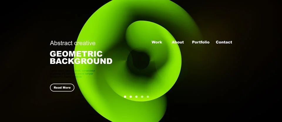 Dark website design features vibrant green abstract shapes. Text highlights Illustrazione stock