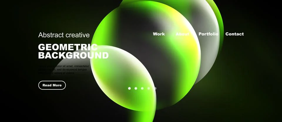 Dark website design features vibrant green fluid shapes. Minimalist layout wi Stock Illustration