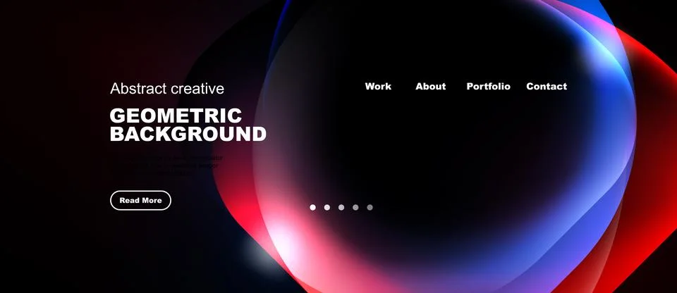 Dark website design features vibrant abstract shapes, text elements, navigati Stock Illustration