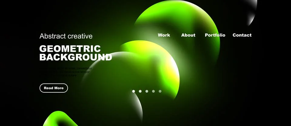 Dark website design features vibrant green, yellow bubbles. Minimalist layout Stock Illustration