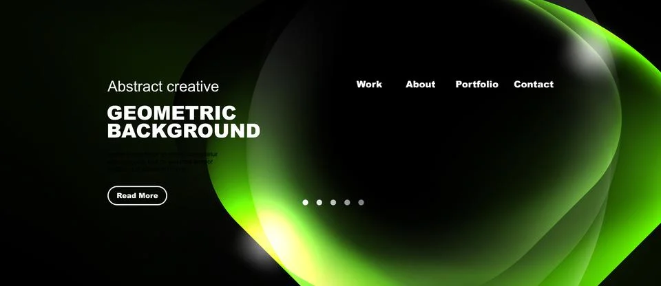 Dark website design features vibrant green geometric shapes. Minimalist layou Stock Illustration