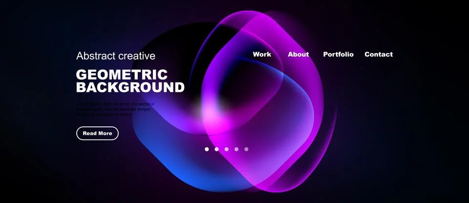 Dark website design features vibrant abstract shapes, text elements, navigati Stock Illustration