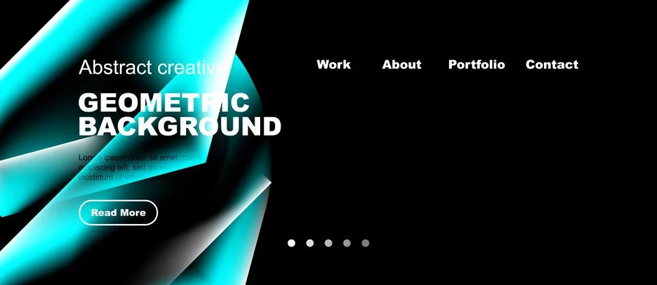 Dark website design features vibrant turquoise geometric shapes. Navigation Stock Illustration