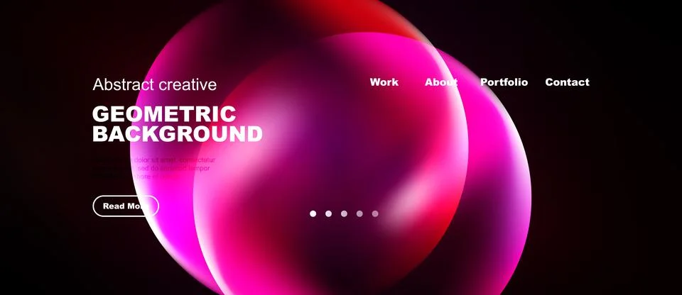 Dark website design features vibrant pink, purple shapes. Text includes Stock Illustration
