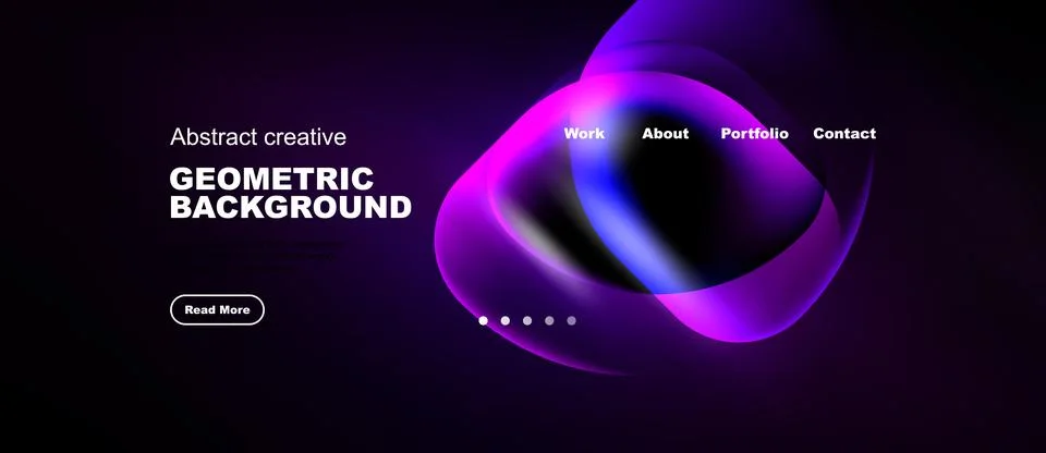 Dark website design features vibrant pink, purple shapes. Navigation includes Illustrazione stock