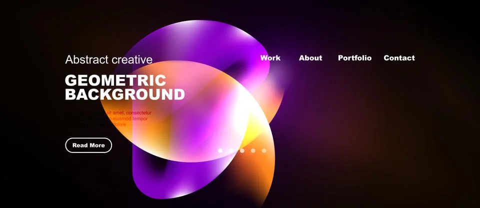 Dark website design features vibrant purple, orange shapes. Minimalist Stock Illustration