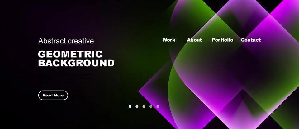 Dark website design features vibrant geometric shapes. Text includes geometri Stock Illustration