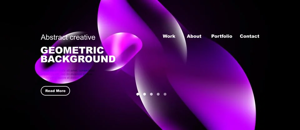 Dark website design features vibrant purple geometric shapes, text elements, Stock Illustration