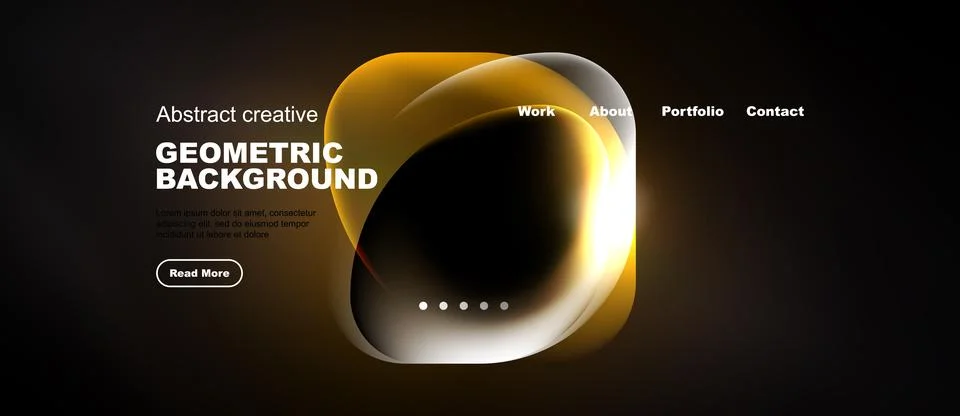 Dark website header design. Abstract shapes, text elements, navigation menu 库存插图