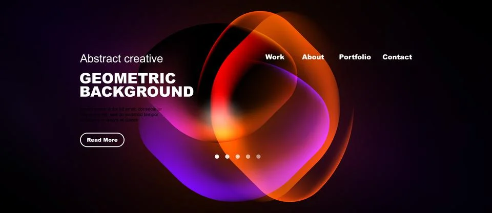 Dark website header design. Abstract shapes, vibrant colors, navigation menu 스톡 일러스트