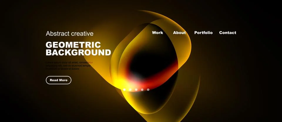 Dark website header design. Abstract shapes, text elements, navigation menu Stock Illustration