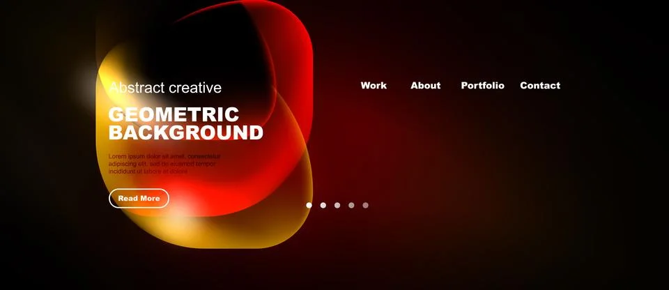Dark website header design. Abstract shapes, text elements, navigation menu Stock Illustration
