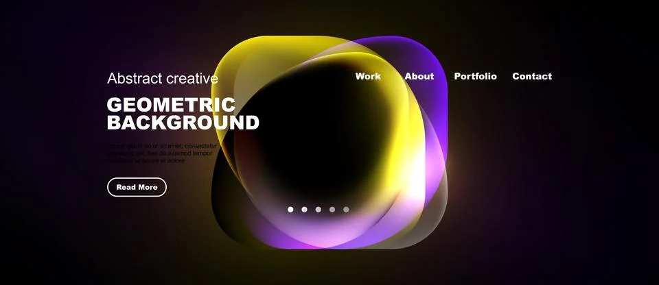 Dark website header design. Abstract shapes, yellow gradients, text elements Illustrazione stock