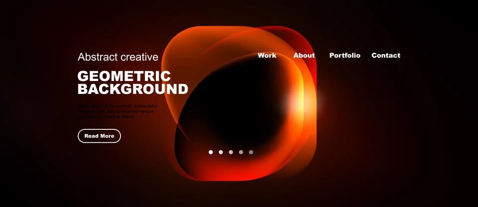 Dark website header design features abstract red shapes, text elements, Stock Illustration