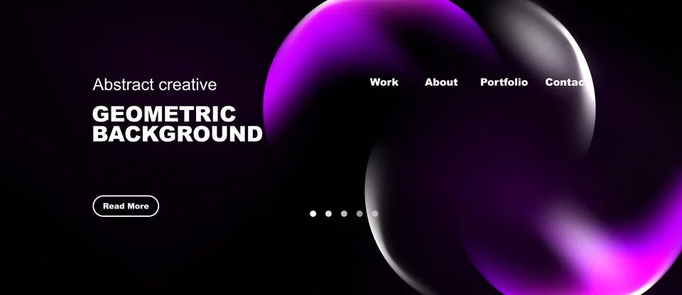 Dark website header design. Features abstract purple shapes, navigation menu, Stock Illustration