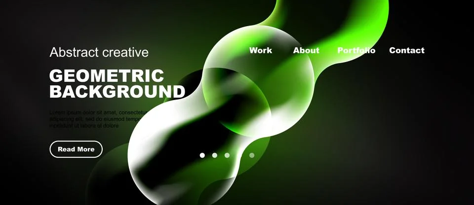 Dark website header design features abstract green shapes, text elements, Stock Illustration