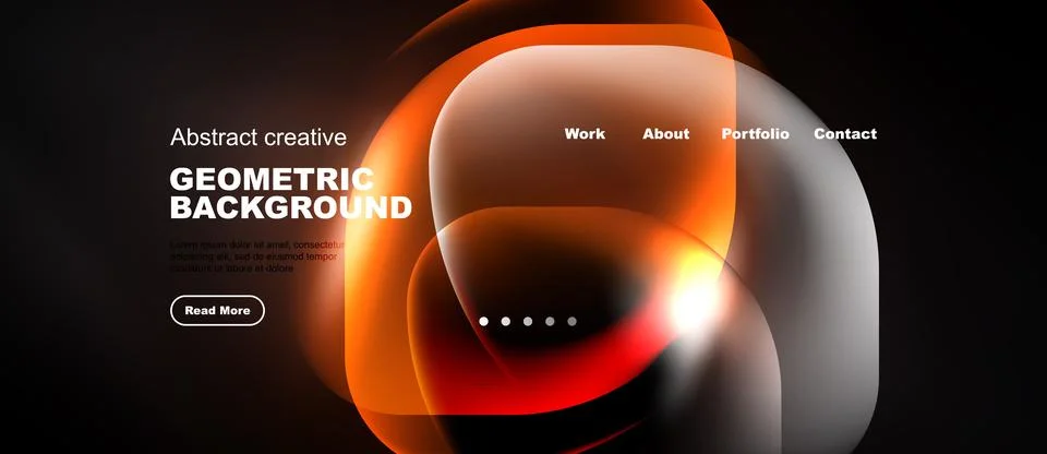 Dark website header design features abstract orange shapes. Navigation includ Stock Illustration