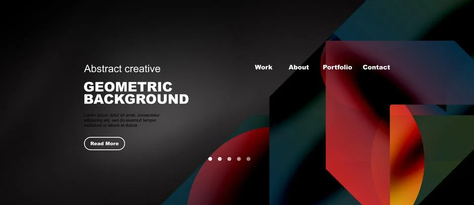 Dark website header design. Geometric shapes, vibrant colors, text elements Stock Illustration