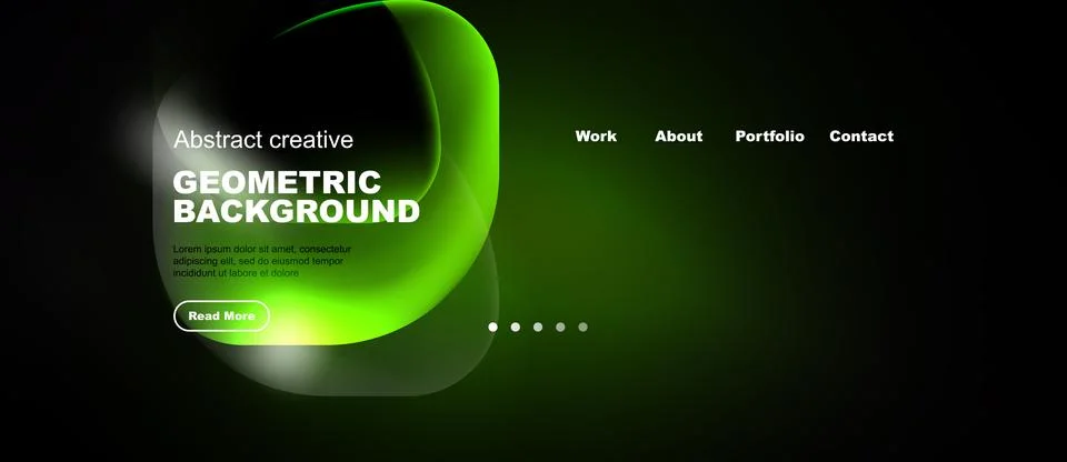 Dark website header design. Green abstract shapes, text elements, navigation 库存插图