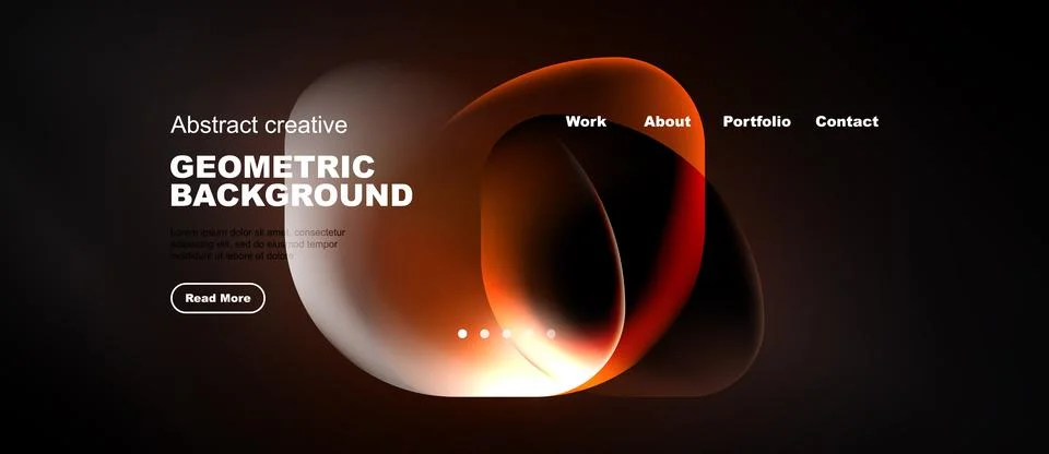 Dark website header design. Orange abstract shapes, text elements, navigation Stock Illustration