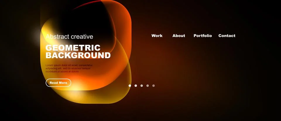 Dark website header design. Orange geometric shapes, text, navigation element Stock Illustration