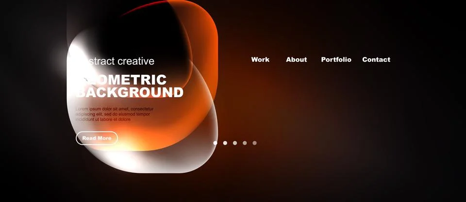 Dark website header design. Orange geometric shapes, text, navigation element Stock Illustration