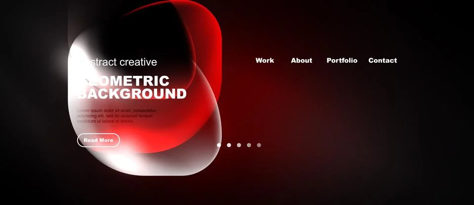 Dark website header design. Red abstract shapes, text elements, navigation me Stock Illustration