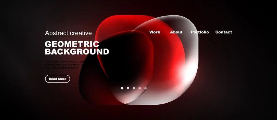 Dark website header design. Red fluid shapes overlap text, navigation links Stock Illustration