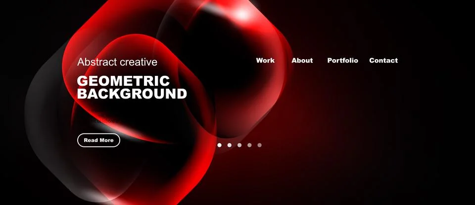Dark website header design. Red abstract shapes, text elements, navigation Stock Illustration