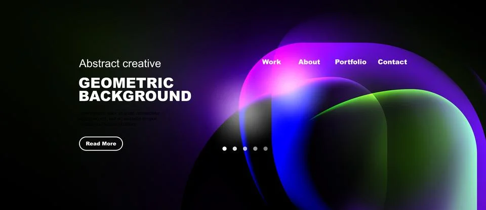 Dark website header design. Vibrant abstract shapes, text elements, navigatio Stock Illustration
