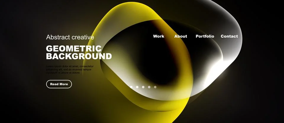 Dark website header design. Yellow, white shapes overlap black background. Stock Illustration