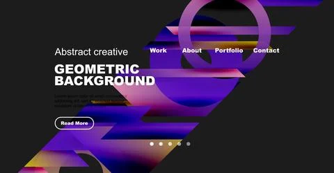 Dark website header displays abstract geometric shapes, text, navigation options Stock Illustration