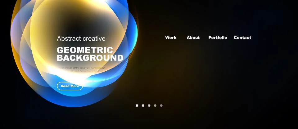 Dark website header displays abstract geometric shapes, text, navigation menu Stock Illustration