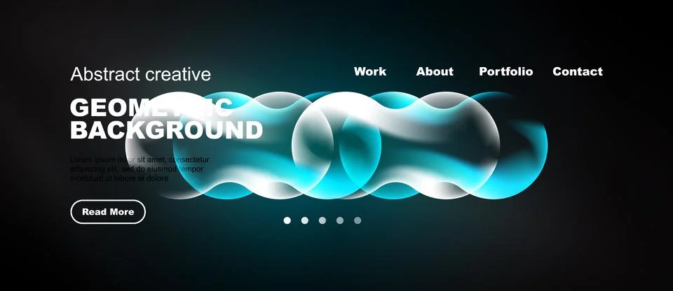 Dark website header displays abstract geometric shapes, text, navigation op.. 스톡 일러스트