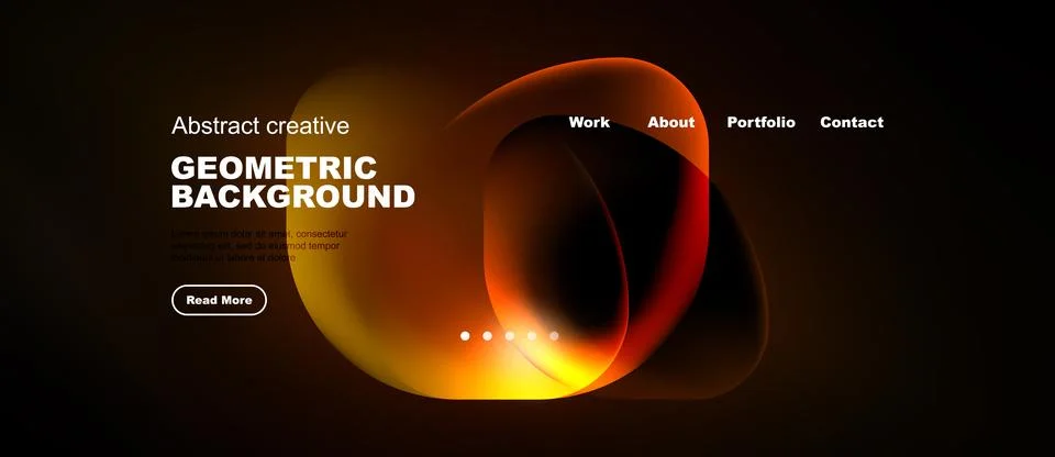 Dark website header displays abstract shapes, text, navigation menu. Orange, Stock Illustration
