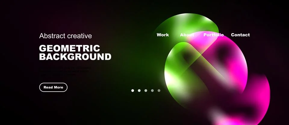 Dark website header displays abstract shapes, text, navigation options. Moder Stock Illustration