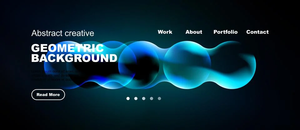 Dark website header displays abstract geometric shapes, text, navigation op.. 库存插图