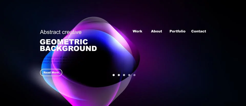 Dark website header features abstract geometric shapes, text, navigation menu Stock Illustration