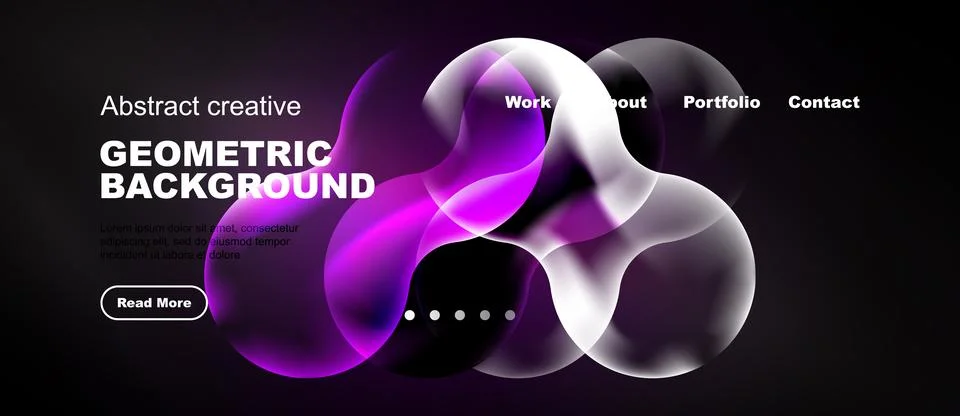 Dark website header features abstract shapes, vibrant colors, text elements. Illustrazione stock