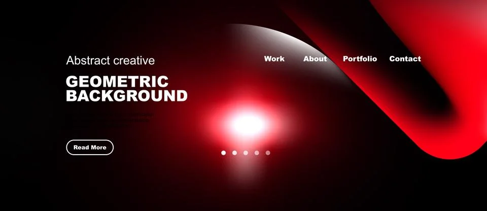 Dark website header features abstract red shapes, text elements, navigation.. Illustrazione stock