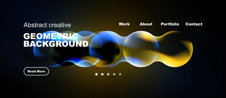 Dark website header features abstract shapes, text, navigation menu. Modern Stock Illustration