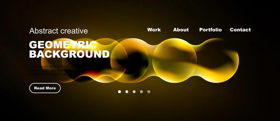 Dark website header features abstract golden shapes, text elements, navigatio Stock Illustration