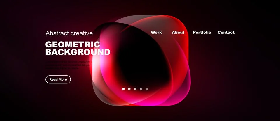 Dark website header features abstract red shapes, text, navigation menu. Illustrazione stock