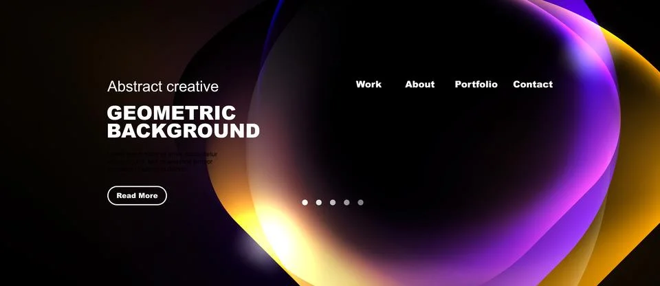 Dark website header features colorful abstract shapes, text elements, navig.. Stock Illustration