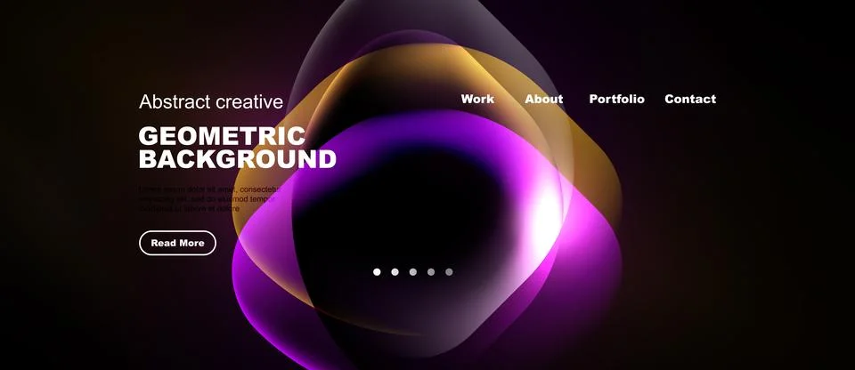 Dark website header features colorful abstract shapes, text elements, navig.. Illustrazione stock