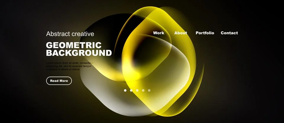 Dark website header features golden geometric shapes, text, navigation menu. Stock Illustration