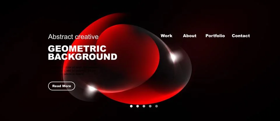 Dark website header features red abstract shapes, text, navigation menu. Stock Illustration