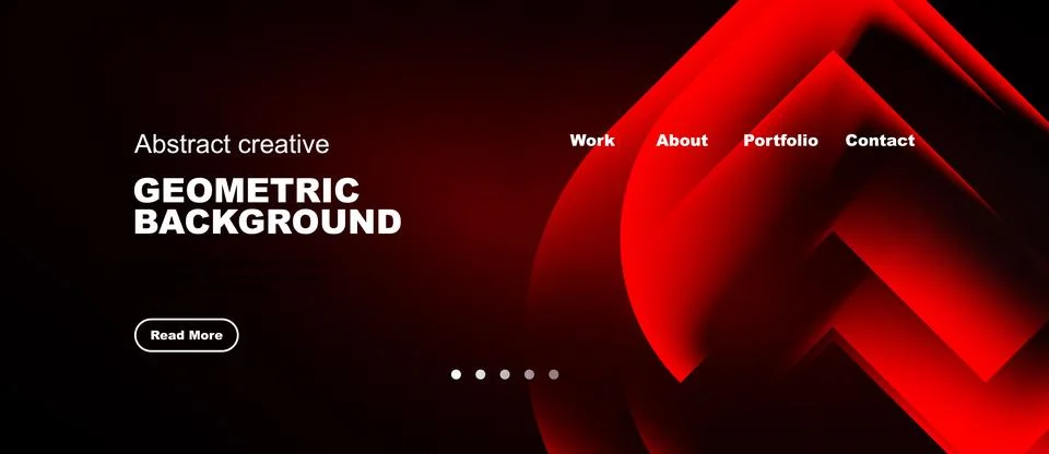 Dark website header features red geometric shapes, text elements, navigation Illustration